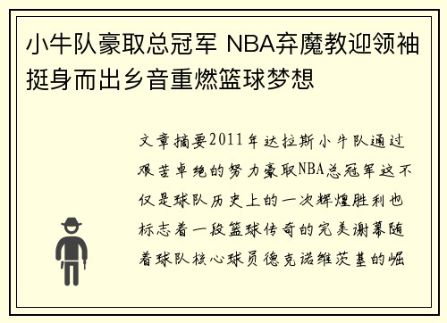 小牛队豪取总冠军 NBA弃魔教迎领袖挺身而出乡音重燃篮球梦想