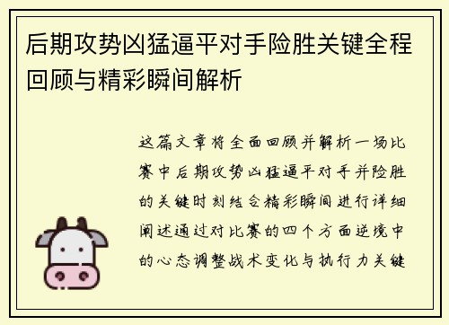 后期攻势凶猛逼平对手险胜关键全程回顾与精彩瞬间解析
