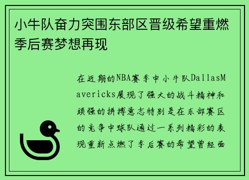 小牛队奋力突围东部区晋级希望重燃季后赛梦想再现