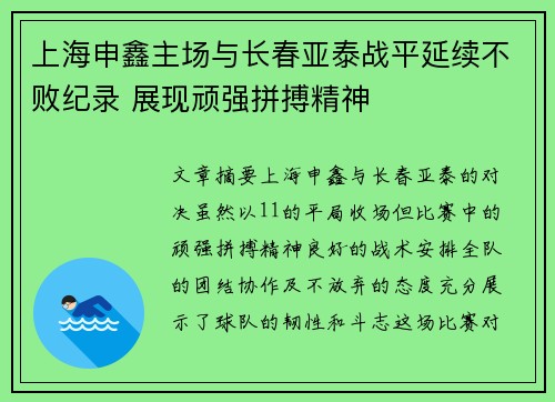 上海申鑫主场与长春亚泰战平延续不败纪录 展现顽强拼搏精神