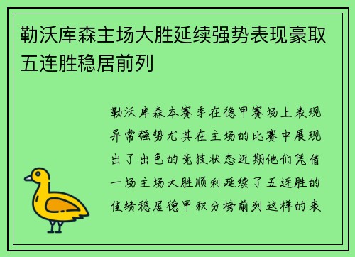 勒沃库森主场大胜延续强势表现豪取五连胜稳居前列
