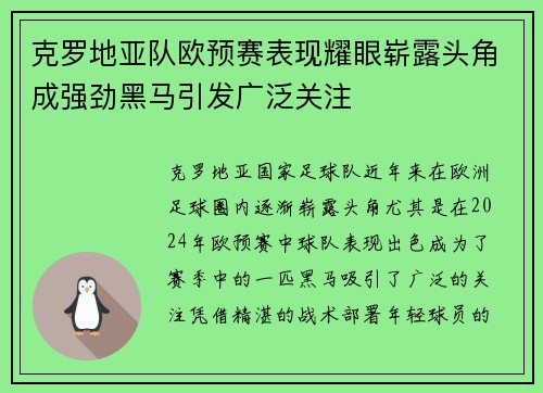 克罗地亚队欧预赛表现耀眼崭露头角成强劲黑马引发广泛关注