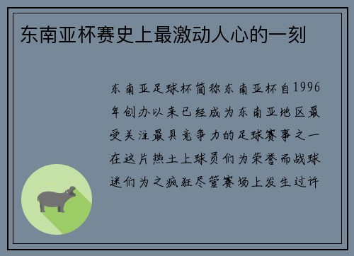 东南亚杯赛史上最激动人心的一刻