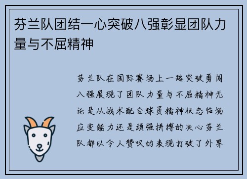 芬兰队团结一心突破八强彰显团队力量与不屈精神