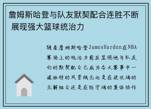詹姆斯哈登与队友默契配合连胜不断 展现强大篮球统治力