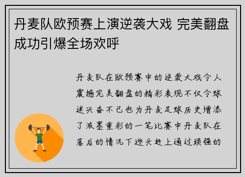 丹麦队欧预赛上演逆袭大戏 完美翻盘成功引爆全场欢呼