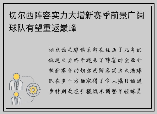 切尔西阵容实力大增新赛季前景广阔球队有望重返巅峰